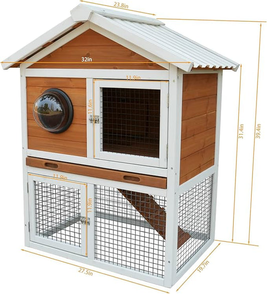 Wooden Rabbit Hutch with Matching PVC Material, Protected from Wind, rain and Snow, Rabbit House with ramped Stairs, Lockable Door, Ball Windows and Breathable mesh Door with Removable Tray.(84965)