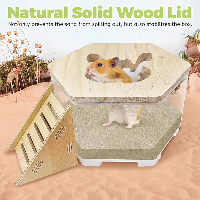 Hamiledyi Hamster Sand Bath Box Transparent Gerbil Digging Sand Container Acrylic Small Dwarf & Syrian Hamster Shower Bathtub with Climbing Ladder Bowl and Scoop Cage Accessories for Lemmings (Bunny)