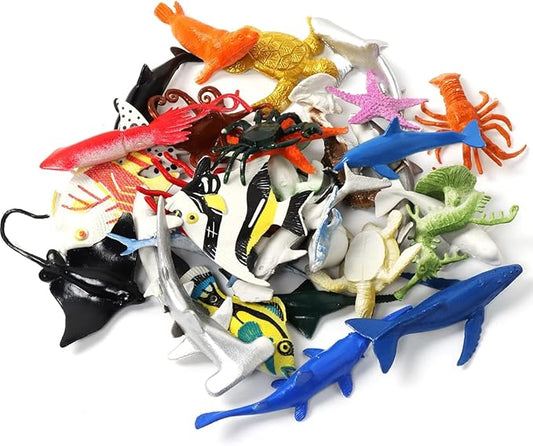 32 Pack Assorted Mini Vinyl Plastic Ocean Sea Animal Figures Toy Set, Realistic Under The Sea Life Figure Bath Gift for Child Educational Kids Party Cake Cupcake Topper
