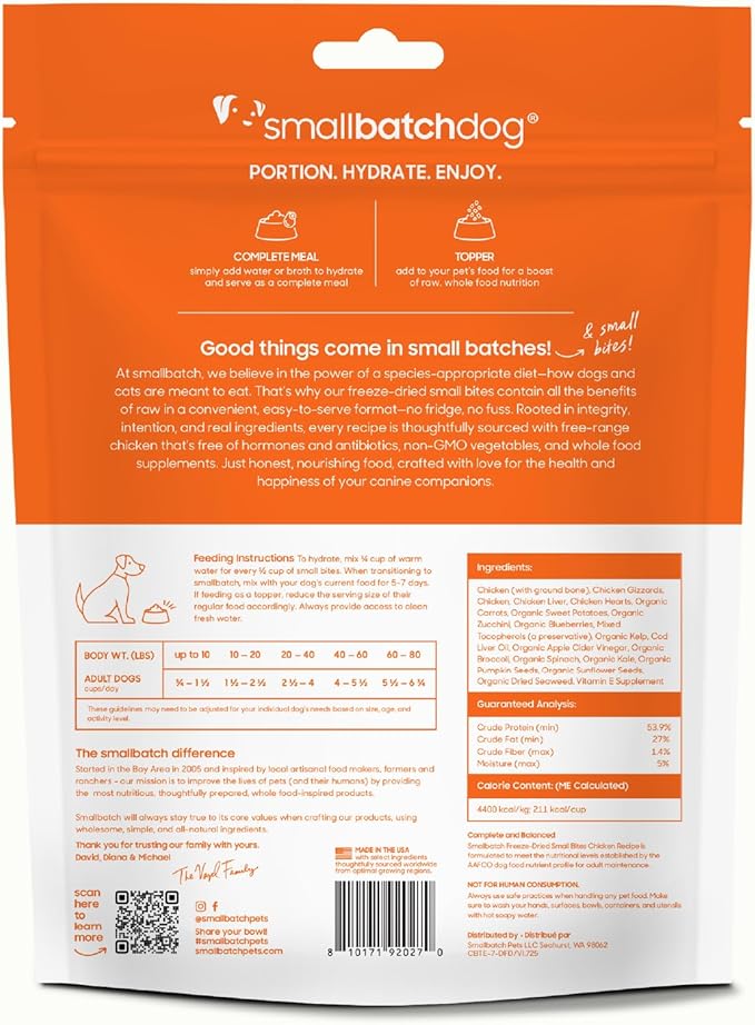 smallbatch Freeze-Dried Chicken Dog Food – Grain Free, Organic Produce – Raw Dehydrated Chicken Bites, High Protein Complete Meal or Topper – Humanely Raised, Made in USA, 7oz