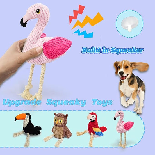 4-Pack Squeaky Dog Toys for Small Medium Large Dogs Interactive Rope Plush Dog Toys Set Flamingo, Parrot, Toucan, Owl Stuffed Puppy Toys for Teething, Anxiety Relief Perfect for Aggressive Chewers