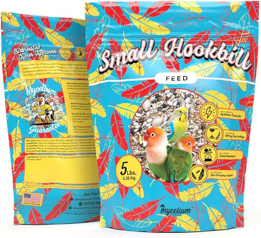 Mycelium Small Hookbill Feed (5 LBS) | Organic, Non‑GMO Bird Food for Cockatiels, Conures & Lovebirds | Filler‑Free with Hulled Seeds | Daily Energy, Skin & Feather Support | Made in USA