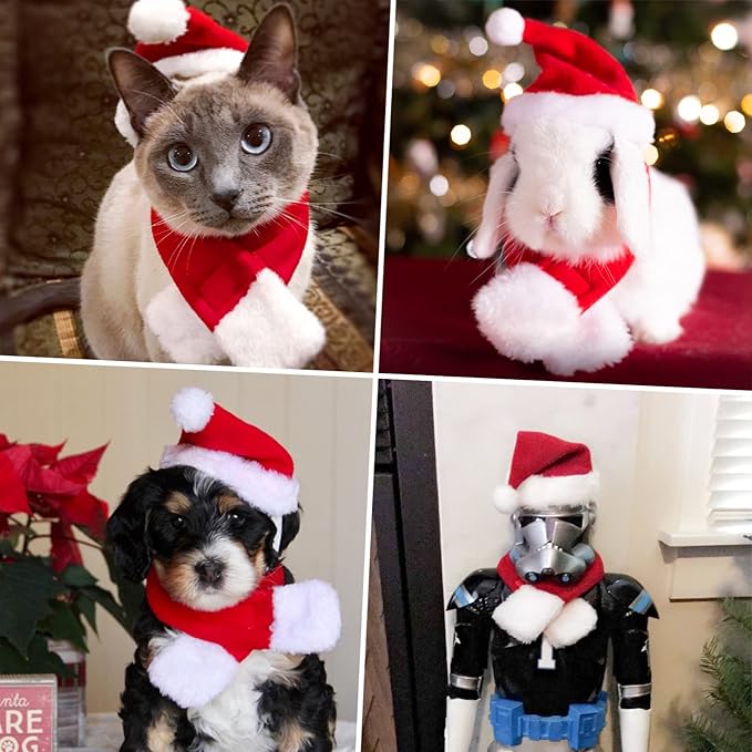 Cat Christmas Costume with Santa Hat and Scarf Cat Xmas Outfit for Kitten/Puppies/Home Christmas Decoration