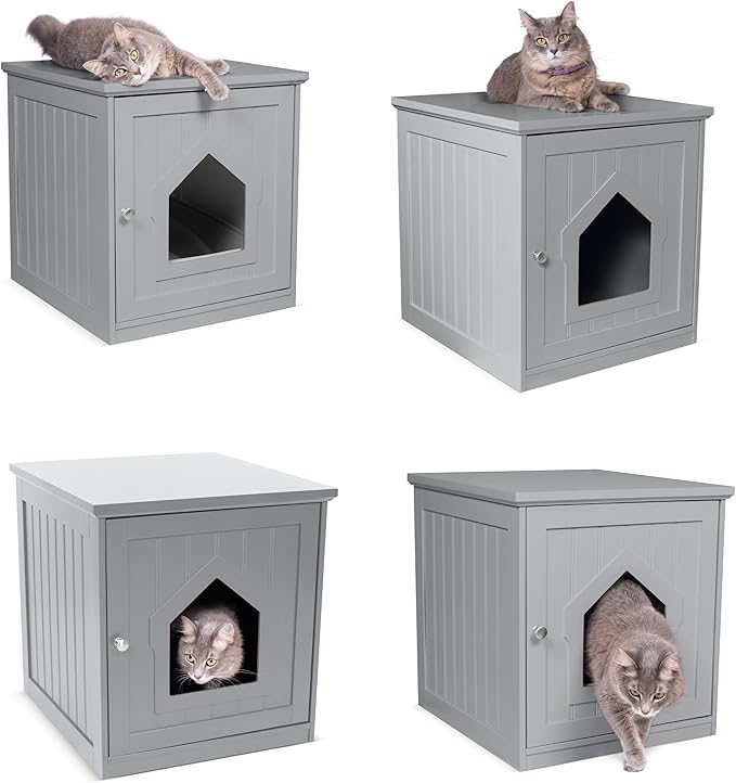 BIRDROCK HOME Decorative Cat House & Side Table | Grey Nightstand | Indoor Pet Crate | Litter Box Enclosure | Hooded Hidden Pet Box | Cats Furniture Cabinet | Kitty Washroom