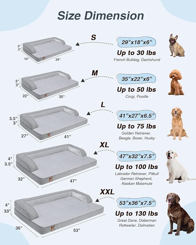 KSIIA Washable XXL Dog Bed for Extra Large Dog U-Shaped Bolster Pet Couch with Removable Waterproof Cover, Non-Slip Bottom and Egg-Crate Orthopedic Foam Pet Bed, 53 x 36 Inch, Gray