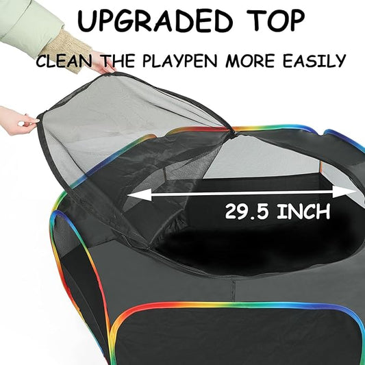 LUCKITTY Small Animal Playpen, Chick Brooder Box, Guinea Pig Hamster Indoor Playpens & Outdoor Pet Cage Tent with Cover Top, for Kitten/Ferret/Hedgehog/Rabbit/Duckling, Black & Rainbow