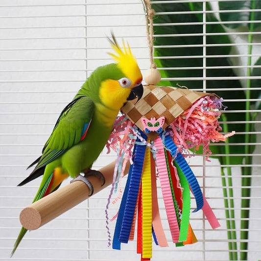 Natural Bamboo & Pith Ball Shredder Chew Toy for Parrots - Bird Cage Destroyer String, Foraging & Biting Activity for Conures, Cockatiels, Lovebirds, Budgies