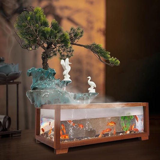 Antique-Style Tabletop Water Fountain with Fish Tank & Atomizer - Desktop Decor with Crane Statues, Simulated Pine, LED Light & Feng Shui Symbolism for Indoor Home/Office Decoration