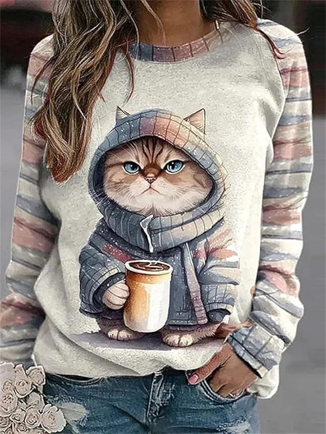 IVERIRMIN Women's 3D Cute Cat Print Sweatshirt Casual Long Sleeve Crewneck Cute Cat Pullover Loose Fit Shirts