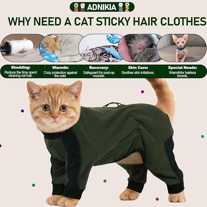 Cat Pajamas for Cats Only, Sticky Hair Cat Clothes, Long Sleeve Sphynx Clothes, Anti-Licking or Skin Disease Recovery Suit for Female Cats, Kitten Onesie Pajamas, ArmyGreen, S