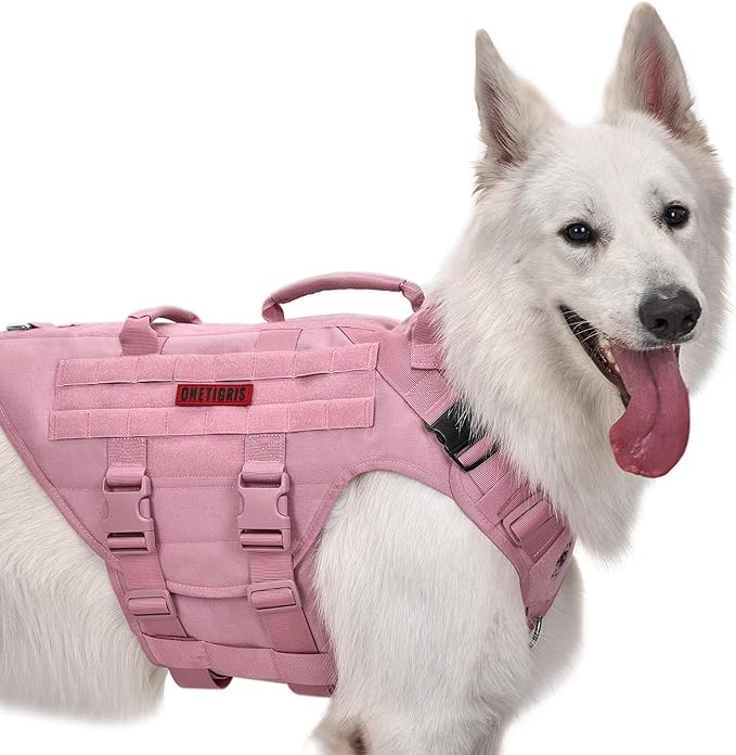 OneTigris Large Tactical Dog Harness, No Pulling Adjustable Dog Vest Harness, Heavy Duty Dog Harness with Handle, Large Hook and Loop Panels for Patch(Pink,S