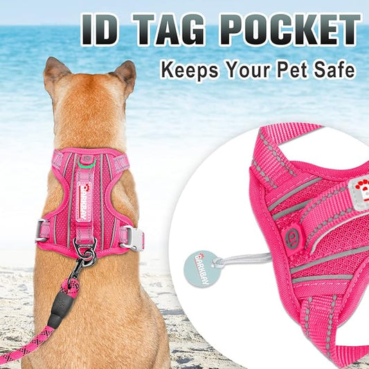 BARKBAY No Pull Dog Harness Large Reflective Dog Harness with Front Clip and Easy Control Handle for Walking Training Running with ID tag Pocket(Pink,S)