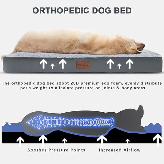 MIHIKK Waterproof Dog Beds Large Sized Dog Orthopedic Dog Beds for Crate with Removable Washable Cover Egg-Crate Foam Pet Pad Mat with Anti-Slip Bottom, 36x27 Inch, Grey
