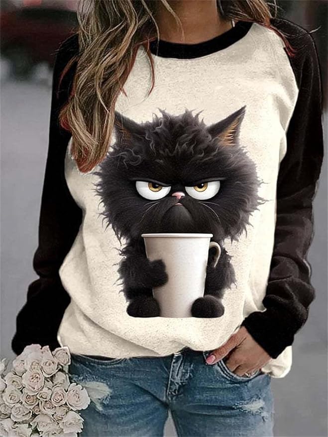 IVERIRMIN Women's 3D Cute Cat Print Sweatshirt Casual Long Sleeve Crewneck Cute Cat Pullover Loose Fit Shirts