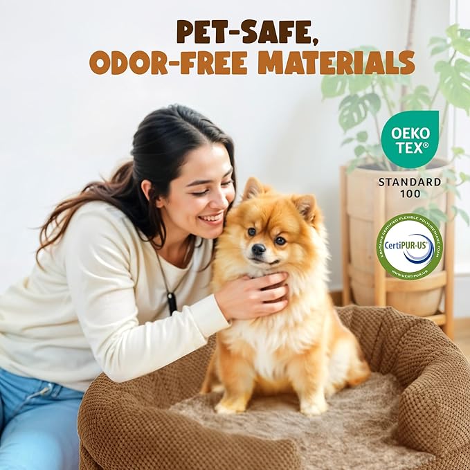 Anti-Anxiety Dog Bed for Medium Dogs, Cozy Round Egg Crate Foam Sofa with Washable Removable Cover & Bolstered Sides, Comfortable Pet Chair or Crate Bed,Camel (35")
