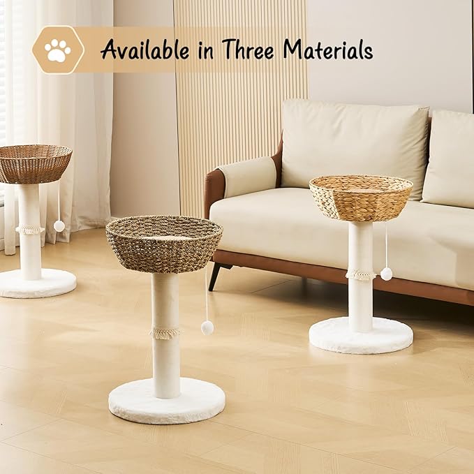 Cat Tree Tower, Natural Material Cat Condo with Handwoven Nest Basket Bed, Cotton Scratching Post, Funny Hanging Toy Ball, 2 Sides Cushion Top Perch, Seagrass