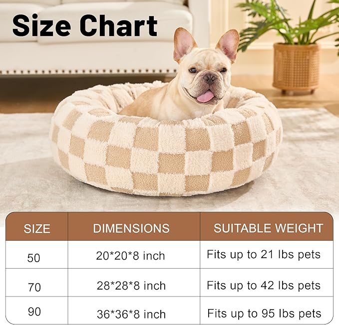 Dog Calming Beds for Small Medium Large Dogs - Round Donut Washable Puppy Dog Bed, Anti-Slip Faux Fur Fluffy Donut Cuddle Anxiety Cat Pet Bed (24" Grid)