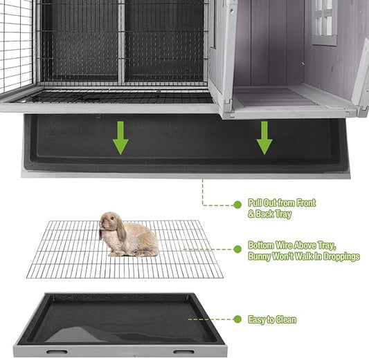 GUTINNEEN Rabbit Hutch Indoor Bunny Cage Outdoor Wooden Guinea Pig Cage Bunny House with Removable Metal Wire Floor, Lockable Caster Wheels, Leakproof Plastic Tray for 1-2 Rabbits, Small Animals