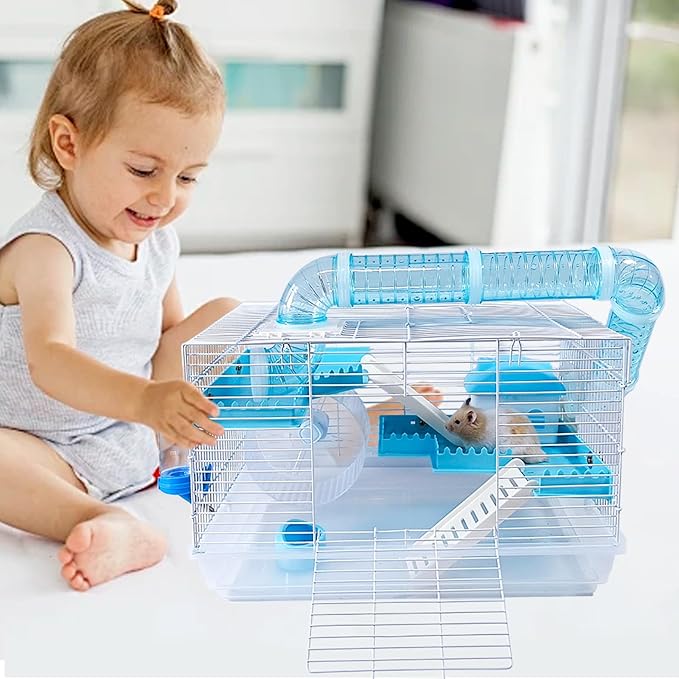 Tfwadmx Dwarf Hamster Cage Small Hamster Habitat Mouse Home Small Animal Cage with Tube Exercise Wheel Hut Rat Habitat for Gerbils Mice 18.5“x11.8”x11.8“ Transparent/Blue