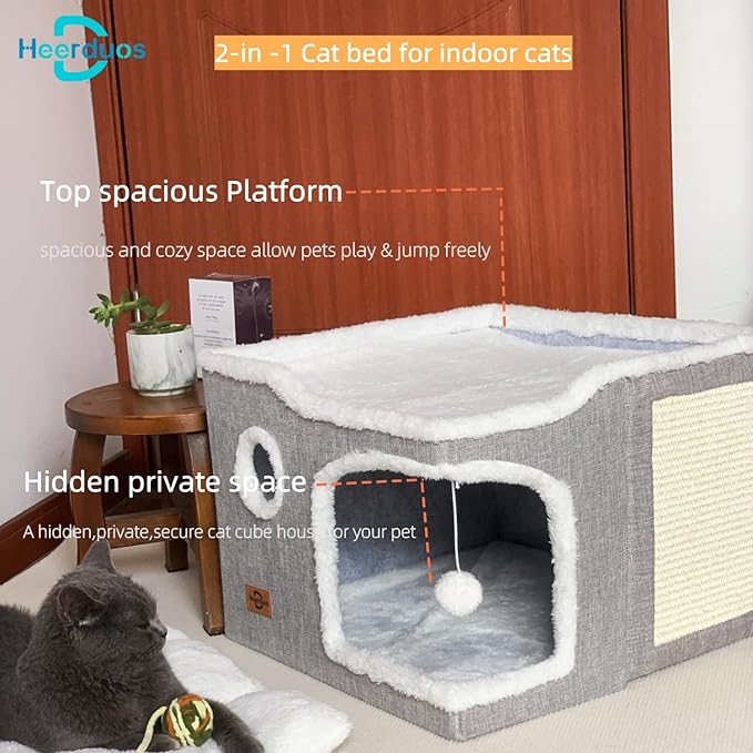Cat Bed for Indoor Cats,Covered Cat Cave House & Furniture with Scratch Pad,Foldable Cat Hideaway Hut Cute Cat Condo with Soft Washable Mat for Multi Small Pet Under 30 lbs,Khaki