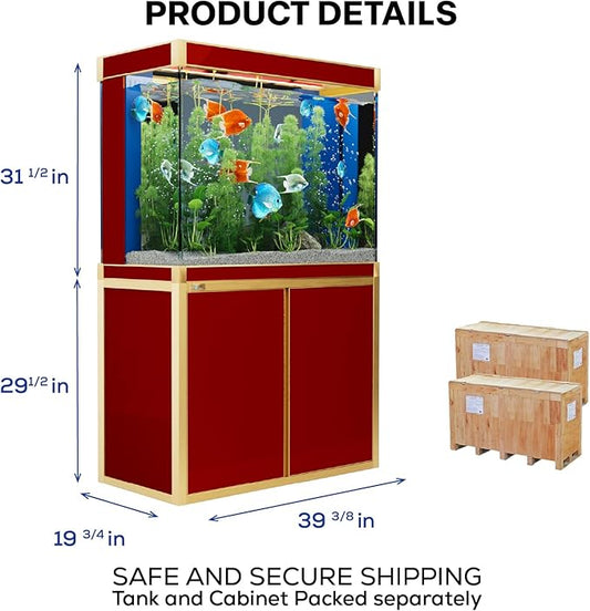 100 Gallon Aquarium Fish Tank with Upright Fishtank Stand Water Pump Freshwater Filter LED Bundle and Straight Corners Clear Glass - Red with Gold Trims
