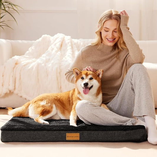 Patas Lague Orthopedic Jumbo Dog Bed for Large Sized Dog 56''X40'', Soft Waterproof Egg Crate Foam Large Pet Crate Beds Mat with Removable Washable Cover and Non-Slip Bottom, Black