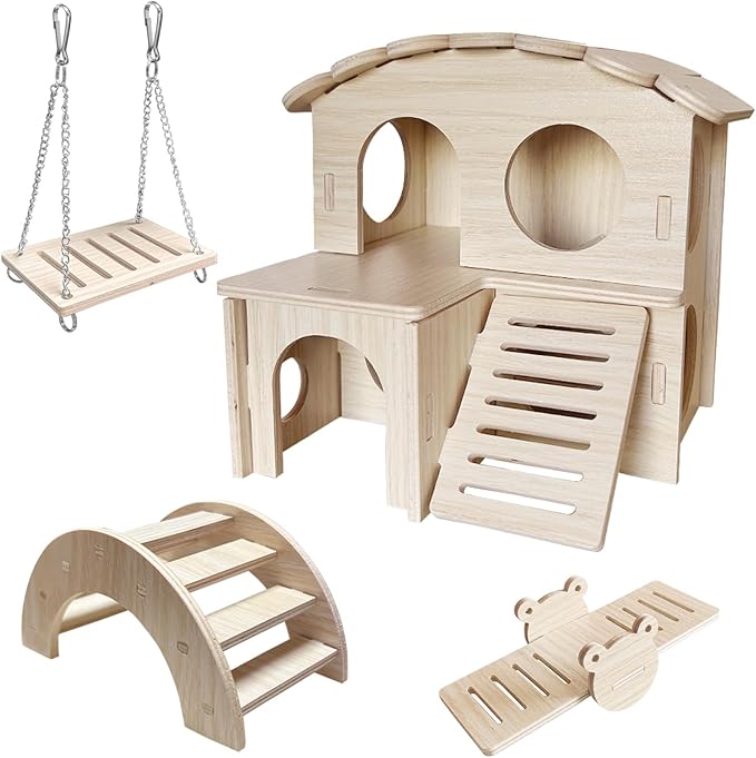 LOS ANDES Hamster Maze Double-Decker Wood House, Hamster Seesaw Toy, Bridge and Swing for Dwarf Gerbil Mouse Mice Rat Small Animals(Only for Small Hamster)