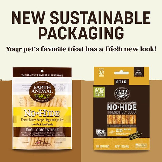 Earth Animal No-Hide Stix Peanut Butter Recipe Natural Rawhide Alternative Dog & Cat Chews - 80 Count Extra Value Pack