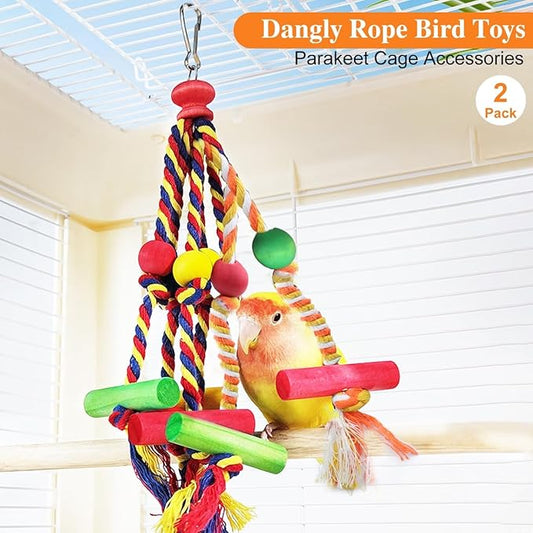 2 Pack Dangly Rope Bird Toys, Parakeet & Conure Toys with Multicolored Natural Wood, Chewing Toy Hanging Bird Cage Accessories for Parakeet Conure Cockatiel Parrot Lovebird
