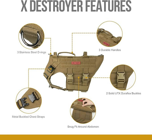 OneTigris Large Tactical Dog Harness, No Pulling Adjustable Dog Vest Harness, Heavy Duty Dog Harness with Handle, Large Hook and Loop Panels for Patch Brown
