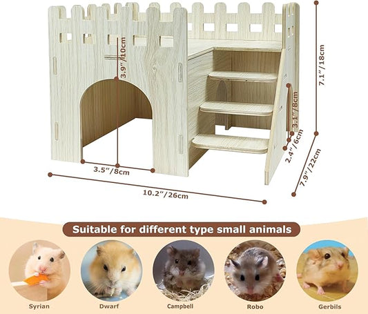 Wood Hamster Hideout House Habitat Wooden Maze Hide Hut with Platform Cage Accessories Toys for Syrian Dwarf Gerbils Mouse Mice Rat Other Small Animals etc. (03 Palisade House)