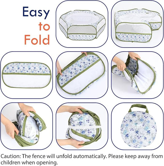 Pawaboo Small Animals Playpen, Waterproof Small Pet Cage Tent with Zippered Cover, Portable Outdoor Yard Fence with 3 Metal Rod for Chick/Kitten/Puppy/Guinea Pig/Rabbits/Hamster, Blue + White Flower