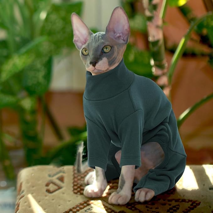 ROZKITCH Hairless Cat Clothes, Breathable Soft Cat Jumpers for Cats Only, Cat Coat with Four Legs, Warm Cat Sweater Cat T-Shirt Cat Pajamas Jumpsuit Vest Cornish Rex Devon Rex Peterbald DarkGreen XL