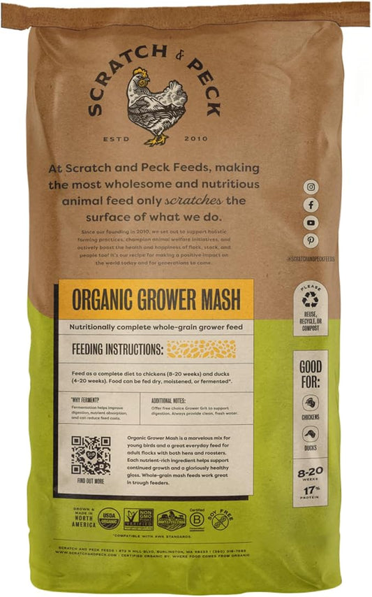 Scratch and Peck Feeds Organic Chicken & Duck Feed - Grower Mash - 50-lbs - 17% Protein, Premium Whole Grains, Essential Oils, Vitamins and Minerals