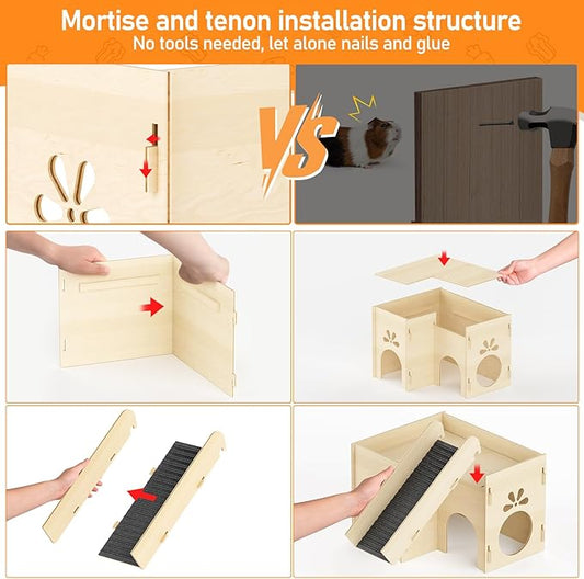 Guinea Pig Hideout House, Basic Large Wooden Hamster House with Climbing Ladder & Multi-Holes, Bunny Castle Tower Toy for Guinea Pig Chinchilla Gerbil Hedgehog Small Animal House Habitat Hut