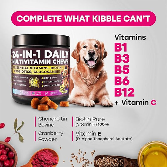 24-in-1 Complete Multivitamin Treats for Dogs – 8 Vitamins, Biotin, Probiotics, Glucosamine – Daily Wellness, Immune Support, Skin & Coat, Mobility – 140 Treats – Bacon Flavor – Made in USA