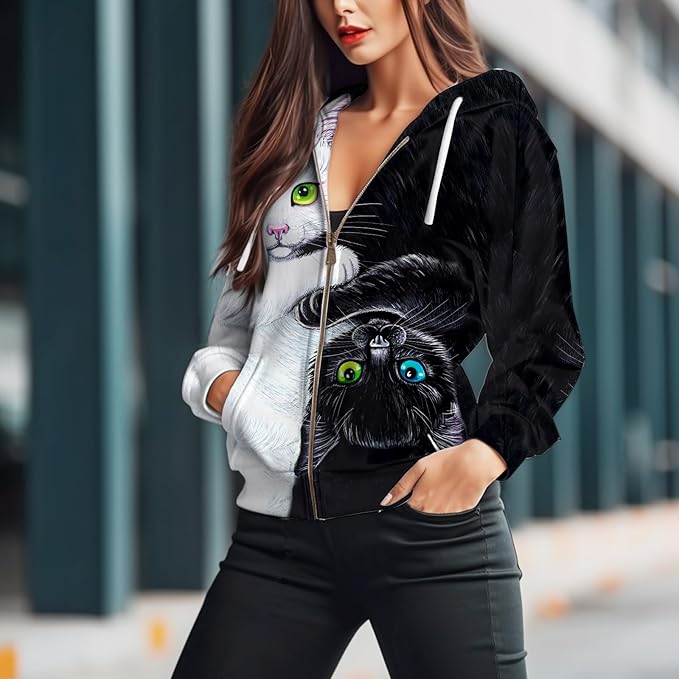 Womens Zip Front Plaid Sweatshirts Print Hoodie Fall Jackets Long Sleeve Casual Drawstring Clothes