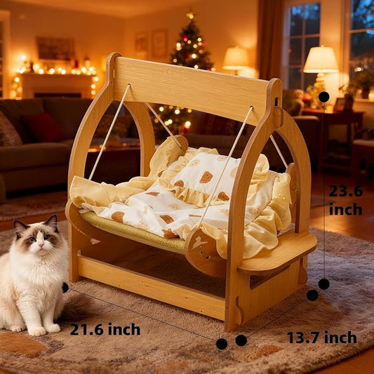 2 in 1 Wooden Cat Hammock, Comfortable and Breathable Hanging Cat Bed with Soft Mattress and Pillow,Suitable for Cats or Small Dogs