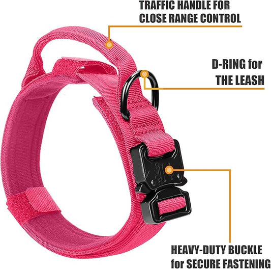 Tactical Dog Collar and Bungee Leash,Military Dog Collar & Leash Set with USA American Flag Adjustable K9 Collar with Heavy Duty Metal Buckle & Handle,with Patches and Airtags Case (Pink(1PCS), XL)