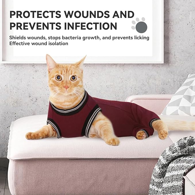 T'CHAQUE Cat Surgery Recovery Suit for Female Male, Cat Onesie Pet Surgical Pajamas Long Sleeve, Abdominal Wound Healing, E-Collar Alternative, Spay/Neuter Recovery Garment-Burgundy-XL