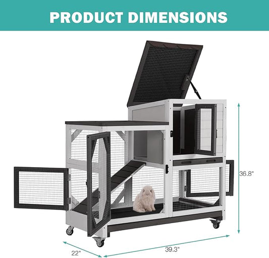 Rabbit Hutch Indoor for 2-4 Rabbits & Guinea Pigs,Bunny Cage with Slide-Out Plastic Trays,Wooden Small Animal Cage for Rabbits, Bunnies, and Guinea Pigs (Black)