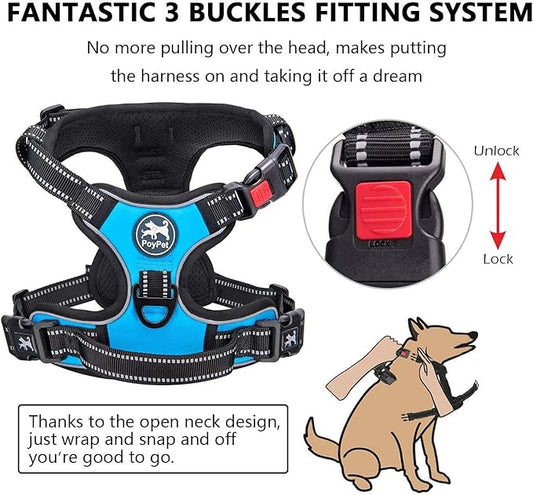 PoyPet Dog Harness and Leash Combo, Escape Proof No Pull Vest Harness, with 5 Feet Leash, Reflective Adjustable Soft Padded Pet Harness with Handle for Small to Large Dogs(Blue,L)