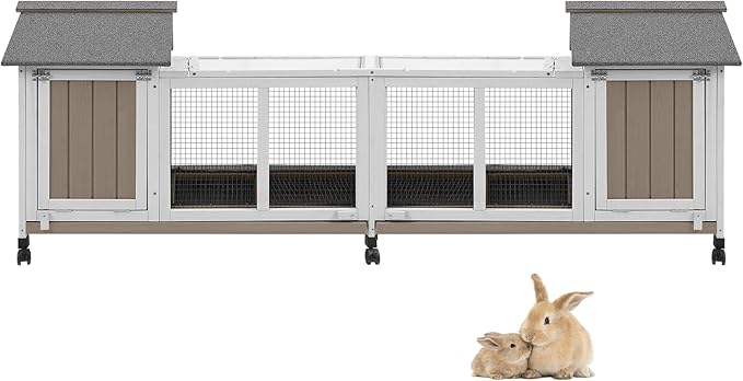 76''L Rabbit Hutch Outdoor Indoor with Wheels, Wooden 2 Story Bunny House Rabbit Cage with Run, Waterproof Roof, Pull Out Tray, Guinea Pig Cage Chicken Coop for Small to Medium Pets