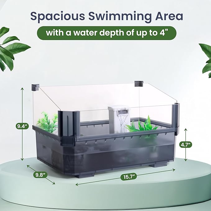 Small Turtle Tank Kit for Aquatic Turtles – Complete Starter Habitat with Filter, UVB Lamp, Basking Platform, Plants – Turtle Aquarium Kit (Black)