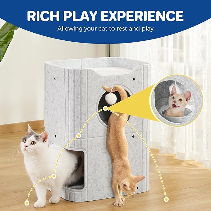 Cat House for Indoor Cats Large Cat Bed Cave 2-Storey Cats Condo with Cozy Felt Covered Hideaway for Multiple Pets Light Grey