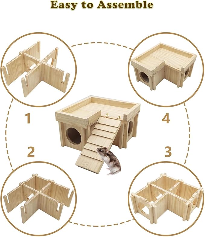 Natural Wood Small Pet Hideout with Climbing Ladder & Multi-Room Maze Sturdy Hamster House for Chinchilla, Sugar Gliders, Dwarf Hamster No Tools Assembly Cage Accessory