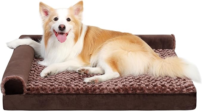 MIHIKK Orthopedic Dog Couch Bed Deluxe Plush L-Shaped with Waterproof Lining Bolster Dog Sleeping Sofa with Removable Washable Cover & Nonskid Bottom Pet Bed for Large Dogs, Brown
