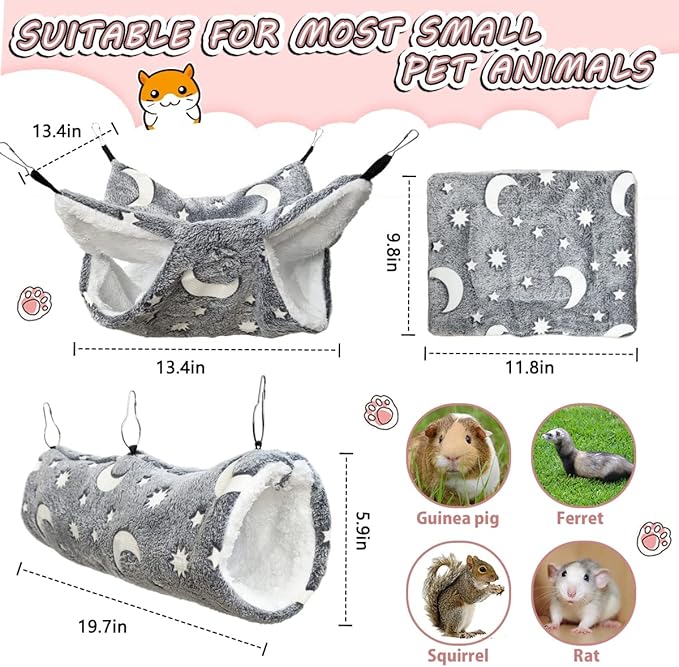Luminous Noctilucent Glow Guinea Pig Rat Hammock Tunnel, Ferret Hanging Bunk Bed Hammock, Rat Ferret Guinea Pig Hideout and Soft Bed for Small Animals (5.Moon Tunnel Hammock)