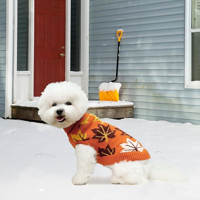 KOOLTAIL Fall Dog Sweater, Thanksgiving Dog Sweater with Autumn Maple Leaf Pattern, Cold Weather Pet Knitted Winter Coats Clothes Turtleneck Pullover for Small Medium Large Dogs Cat Boy Girl, Orange M