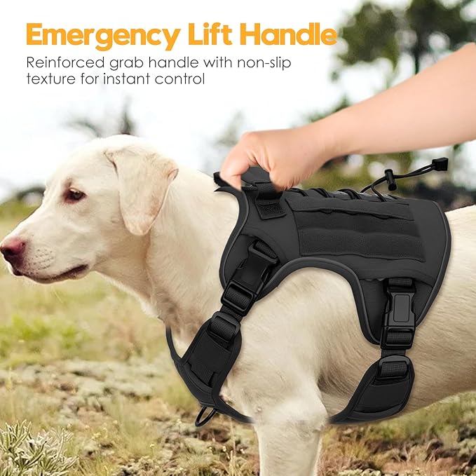 Heavy-Duty Tactical Dog Harness for Large Dogs, No Pull Adjustable Reflective Pet Vest with Molle System, K9 Military-Grade Control for Service Training, Outdoor & 10+ Breeds, Black, X-Large